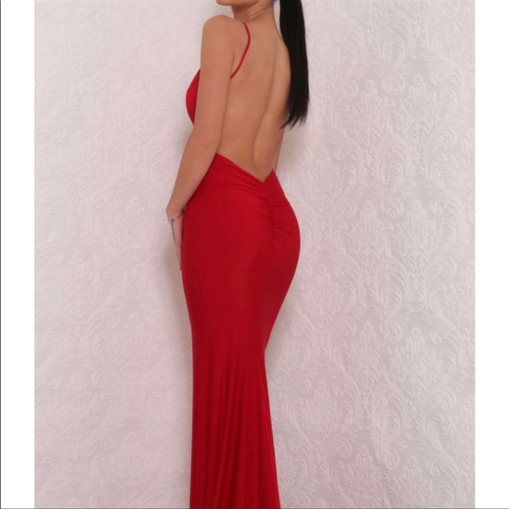 Red.ruched on butt backless gown